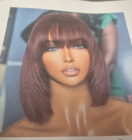 150% DENSITY 10 IN REDDISH PURPLE LAYERED CUT LACE BOB WIG WITH BANGS YAKI STRAIGHT - #99J