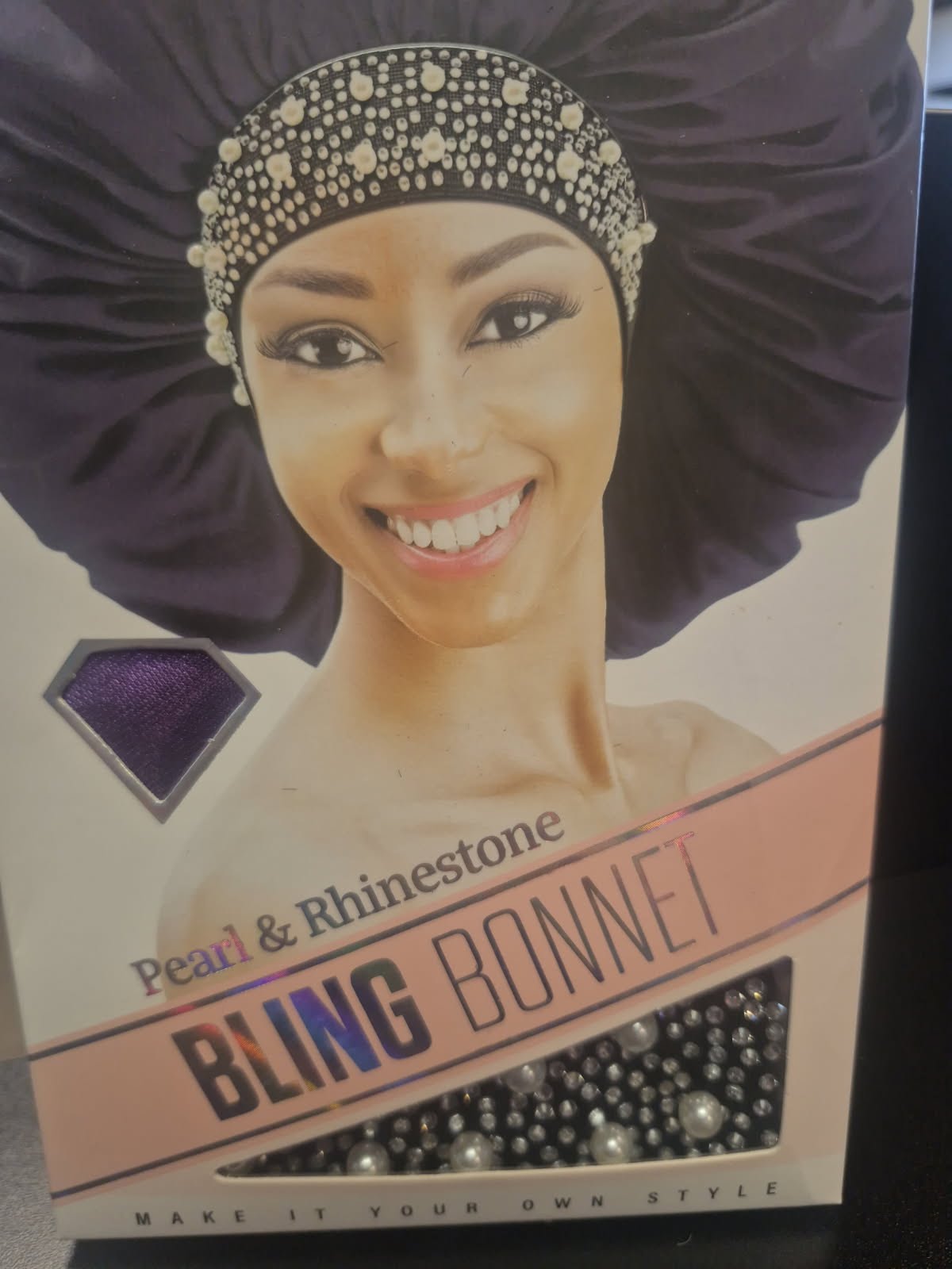 QFITT PEARL & RHINESTONE BLING SATIN BONNET - JUMBO