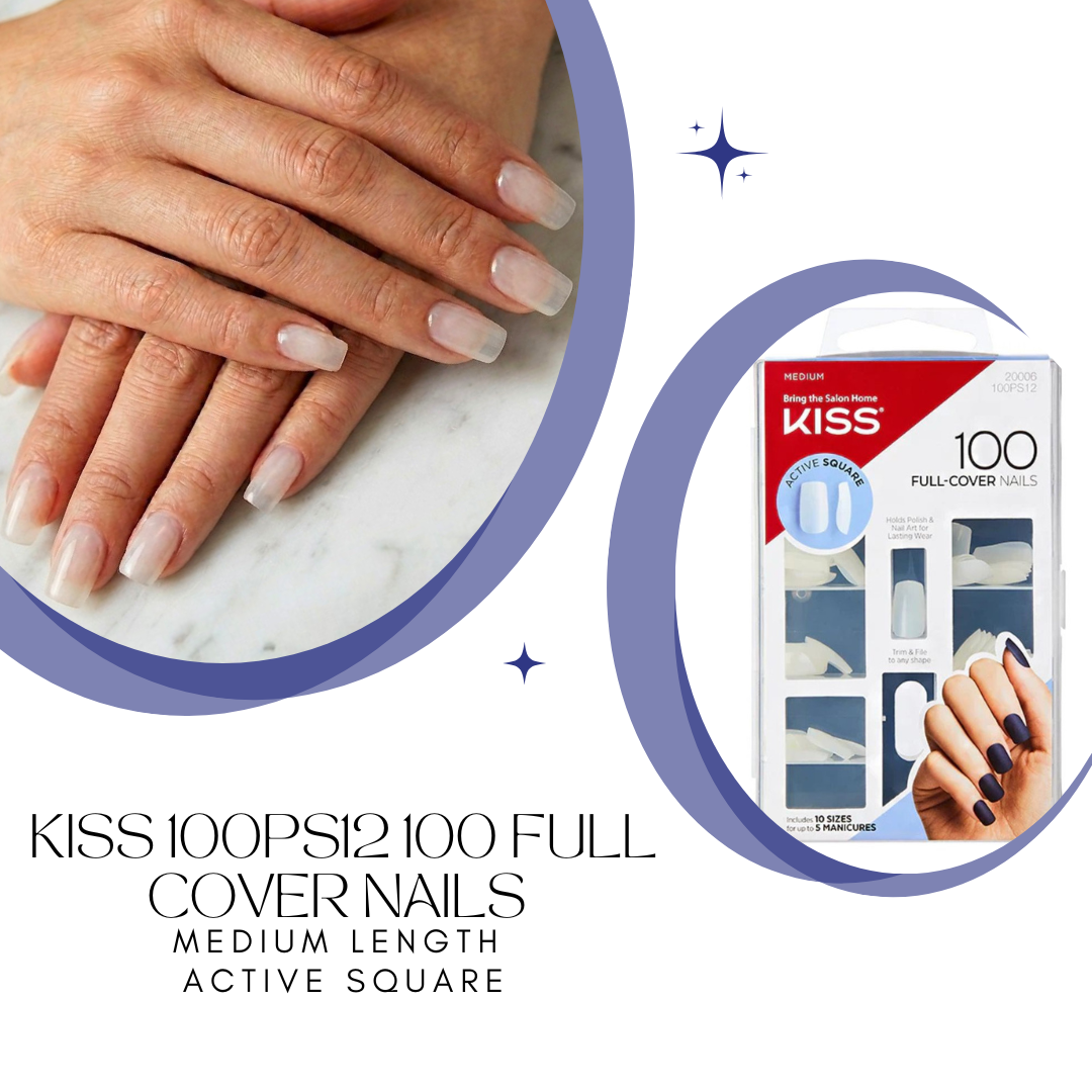 KISS 100PS12 100 FULL COVER NAILS MEDIUM LENGTH ACTIVE SQUARE
