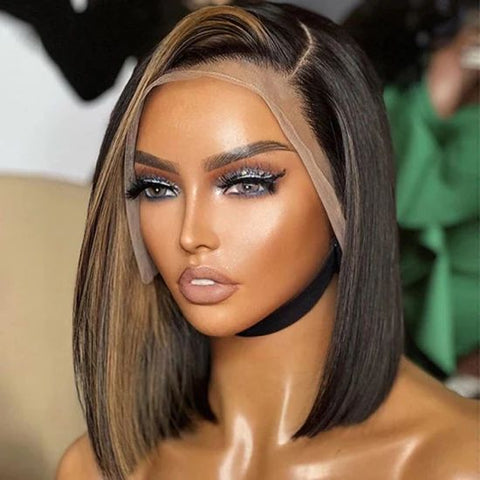 WIG :  Blonde Highlight Bob With Bangs 13x4 Frontal Lace C Part Short Wig
