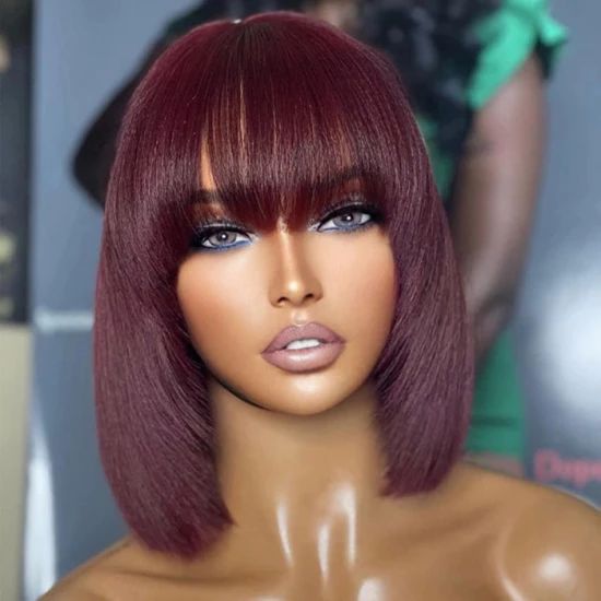 WIG : Reddish Purple Layered Cut Yaki Straight 2x1 Lace Bob Wig with Bangs