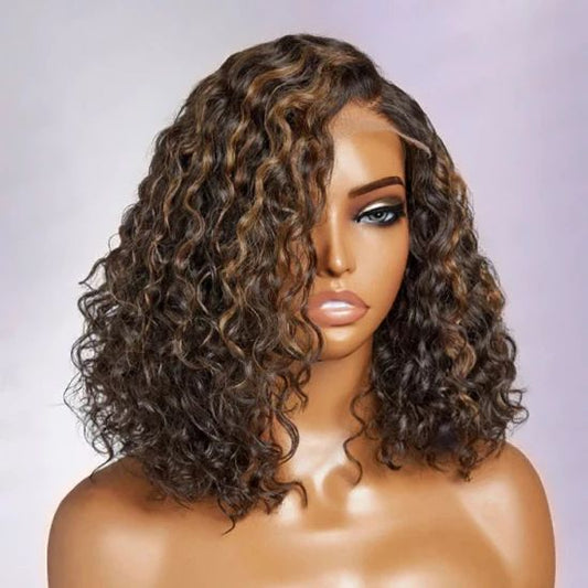 WIG : T-Part HD Lace Highlight Brown Curly Bob Wig