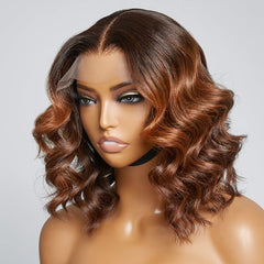 WIG : T-Part HD Lace Brown Ombre Bob Wig Loose Wavy