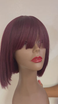 WIG : Reddish Purple Layered Cut Yaki Straight 2x1 Lace Bob Wig with Bangs